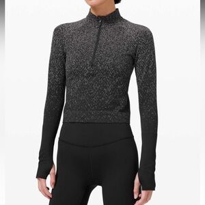 LULULEMON Rest Less Cropped 1/2 Zip Herringbone Fade Black White Size 8